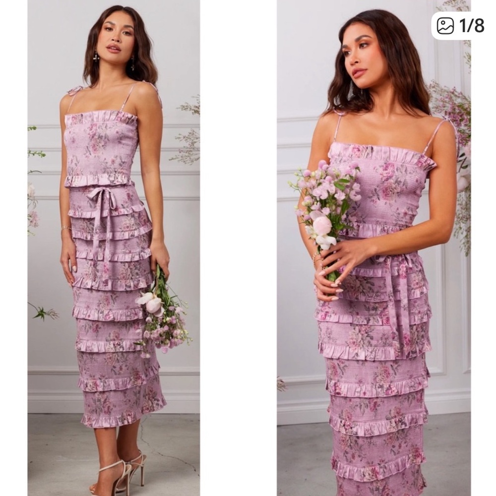 V. Chapman Lily Lilac Tapestry Rose Tiered Ruffle Midi Dress - Picture 2 of 4